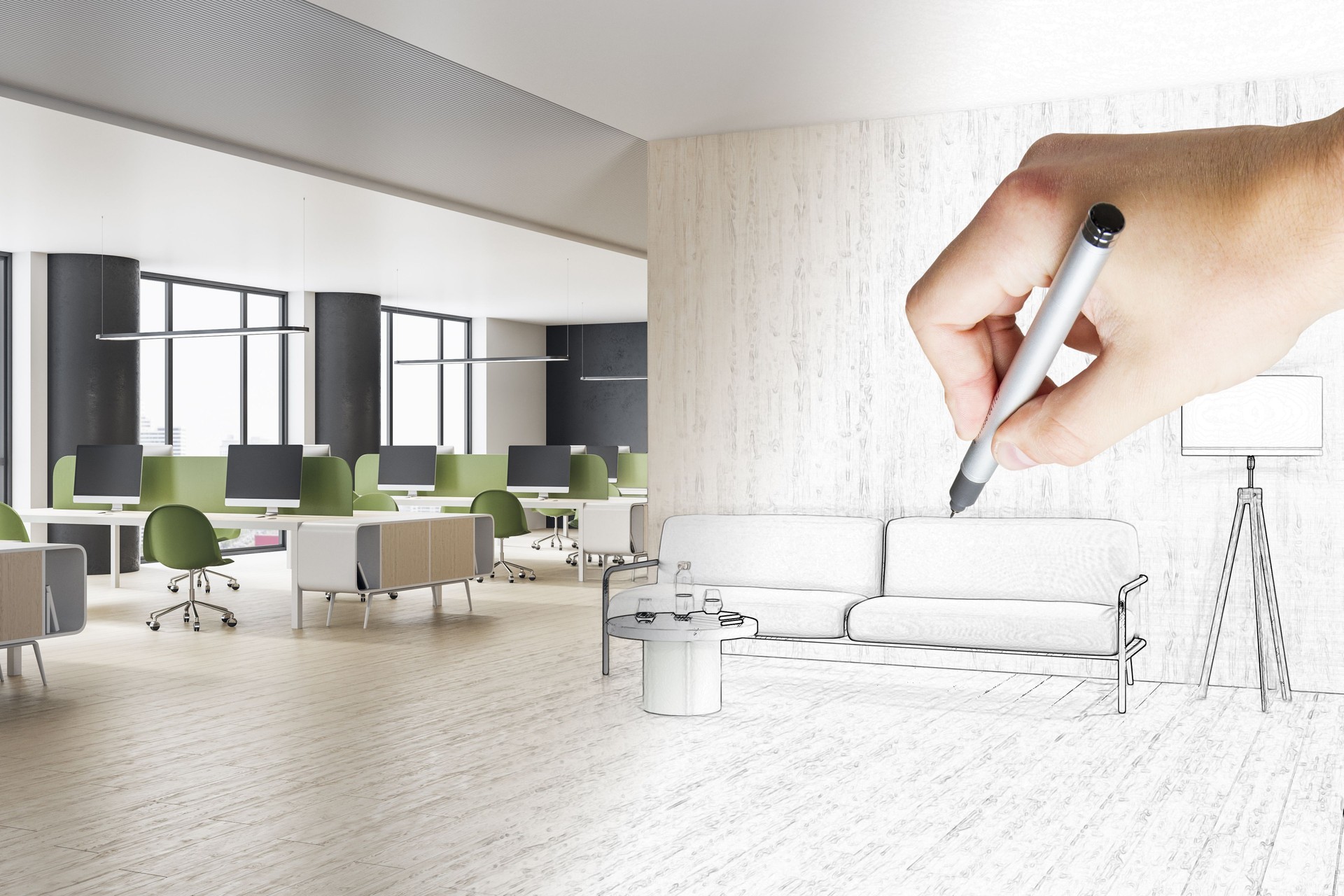 Interni dell'ufficio di coworking di disegno a mano con computer