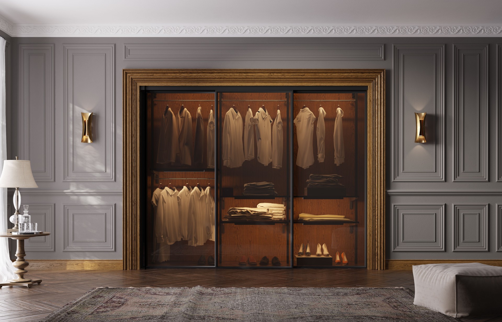living de lux cu dressing, montaj profesional. design interior neoclasic.